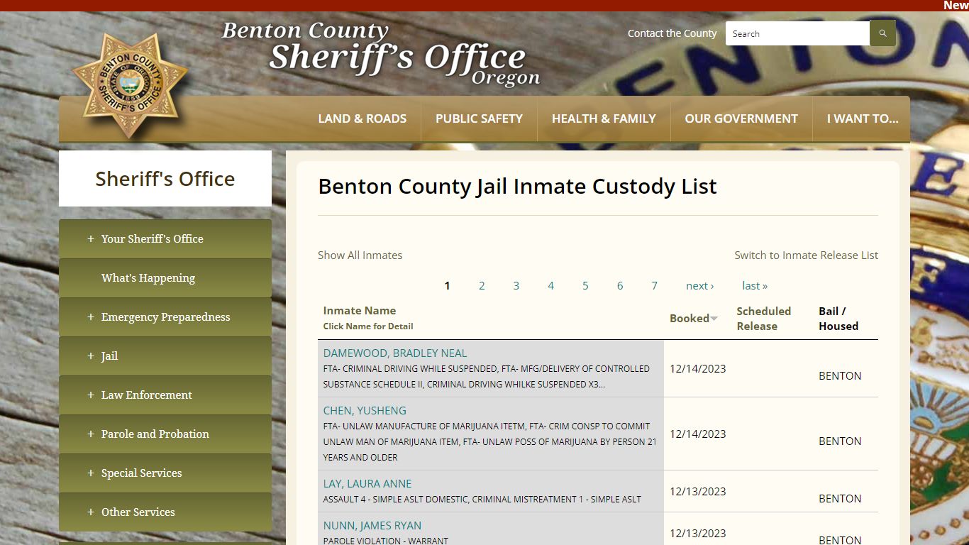 Benton County Jail Inmate Custody List